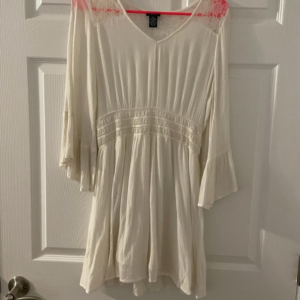 White Bell Sleeve Dress With Lace